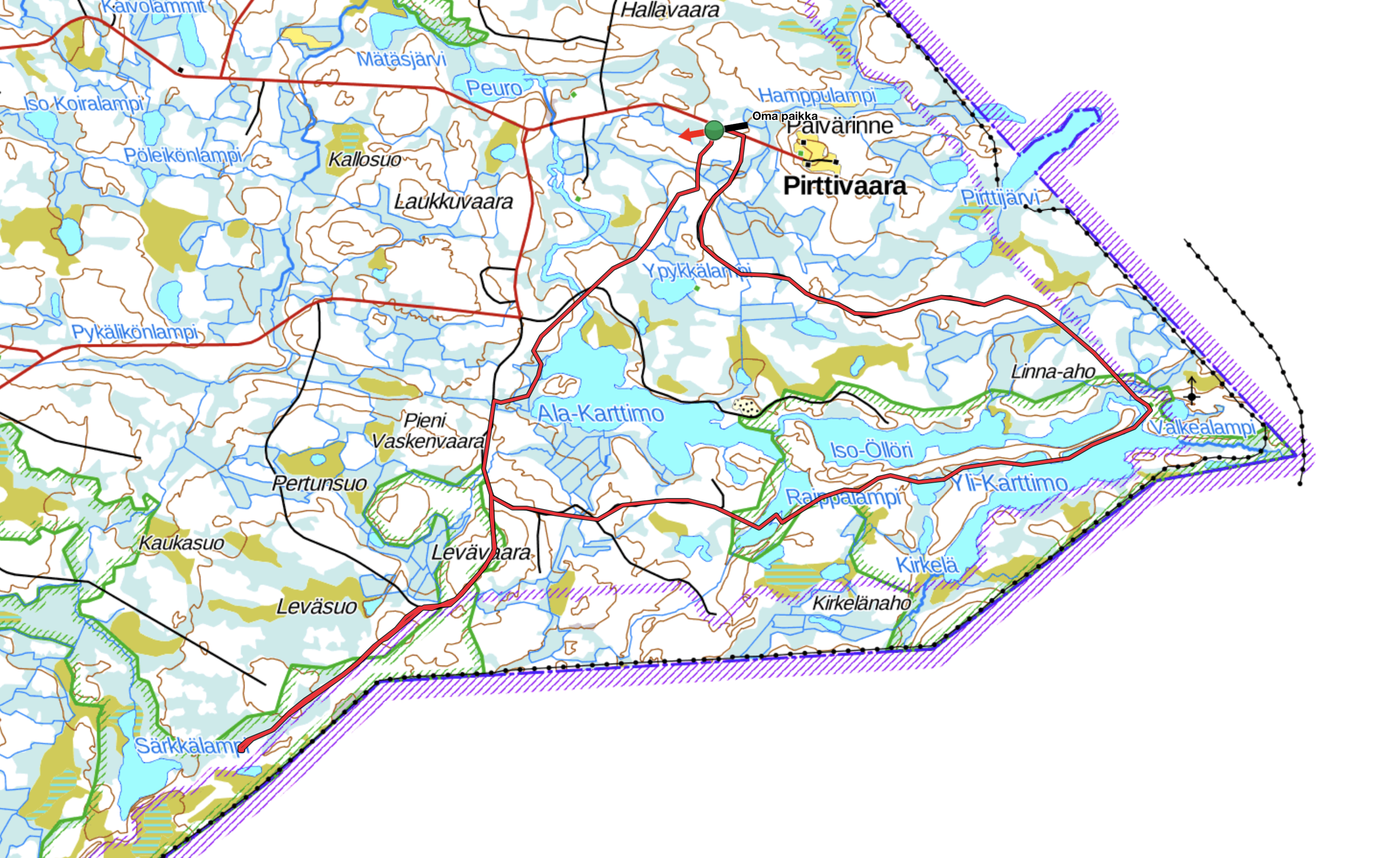 Karttimojärvien reitti kiertääjärvien ympätin ja poikkeaa Särkän majalla.