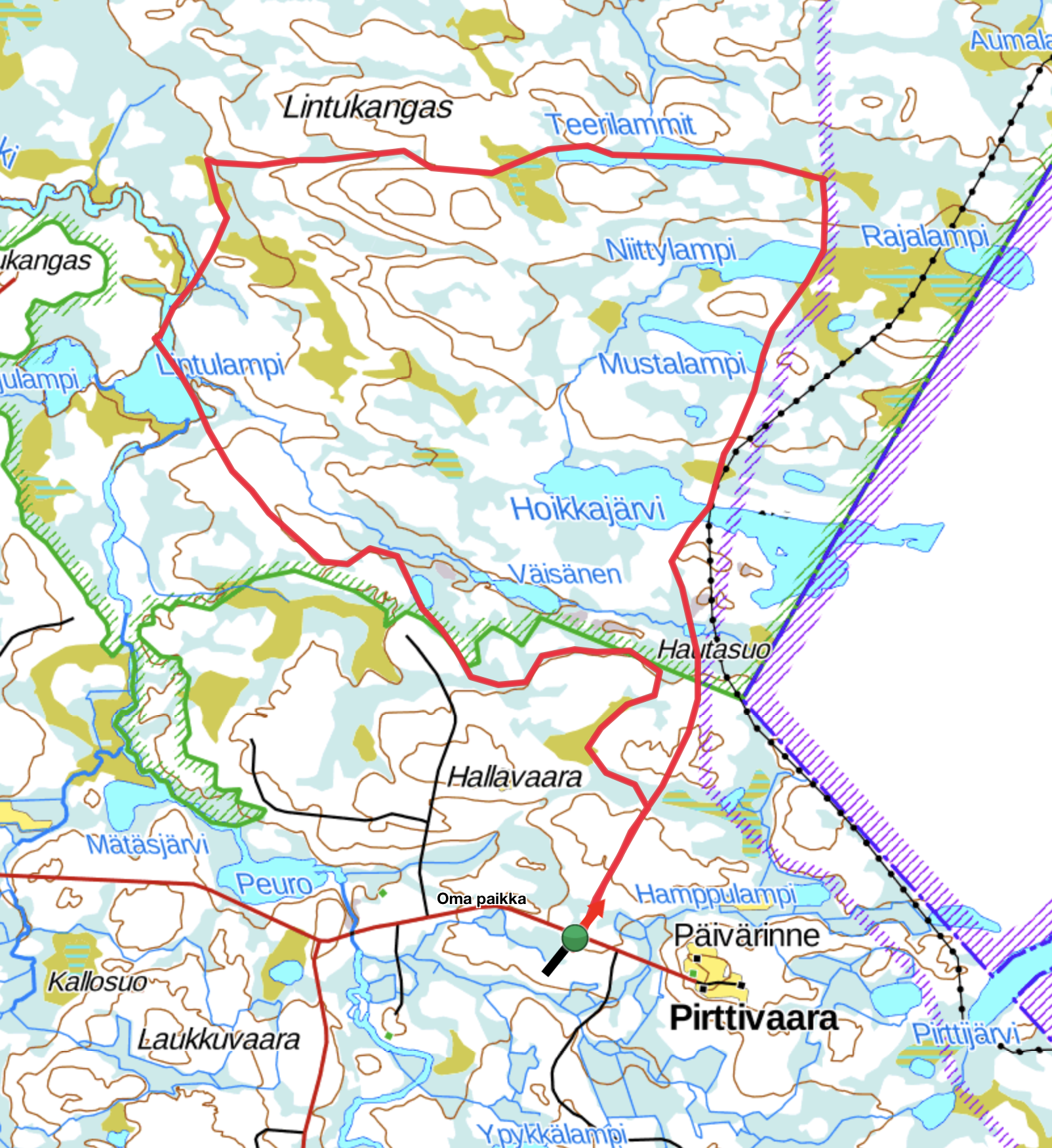 Teerilammin Fatbike reitti Kulkee Teerilammin ja Lintulammin autiotupien kautta.